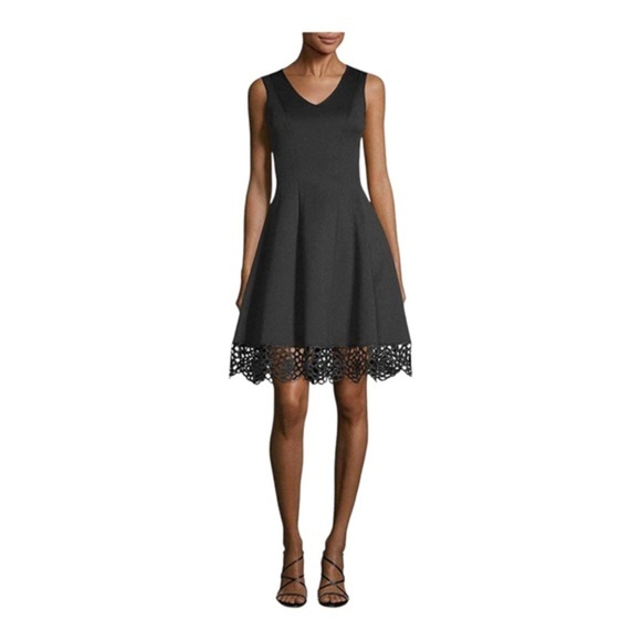 Donna Ricco black fit and flare v-neck embroidery‎ crochet hem cocktail dress - Picture 1 of 16